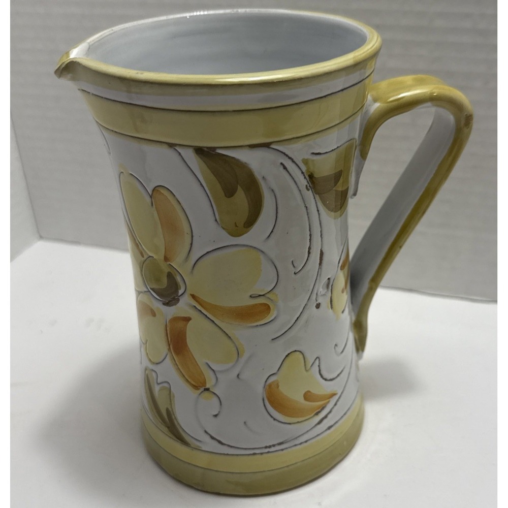Vintage Italian Pottery Hand Painted Floral Pitcher Yellow White And Green 6.5"